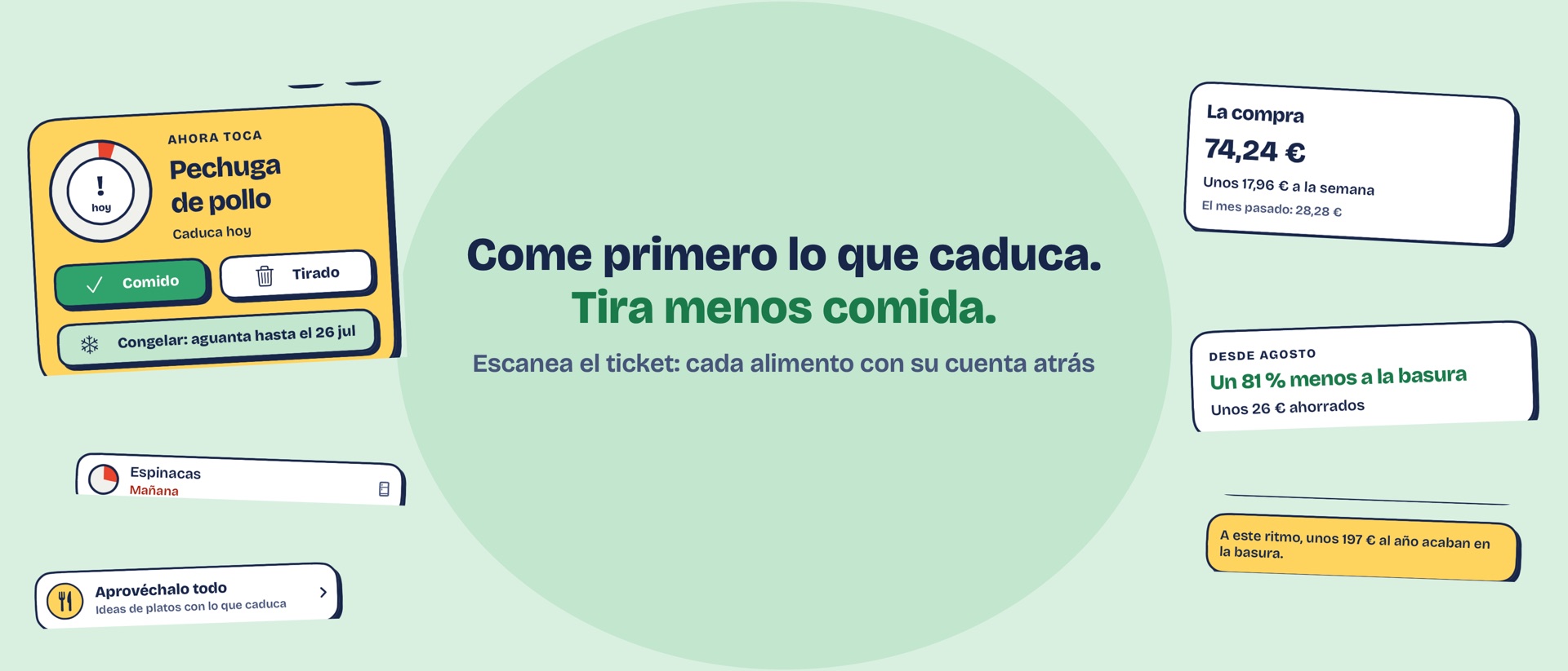 Thymely: come primero lo que caduca y tira menos comida. La cuenta atrás de lo próximo que caduca, el gasto en la compra y el ahorro.